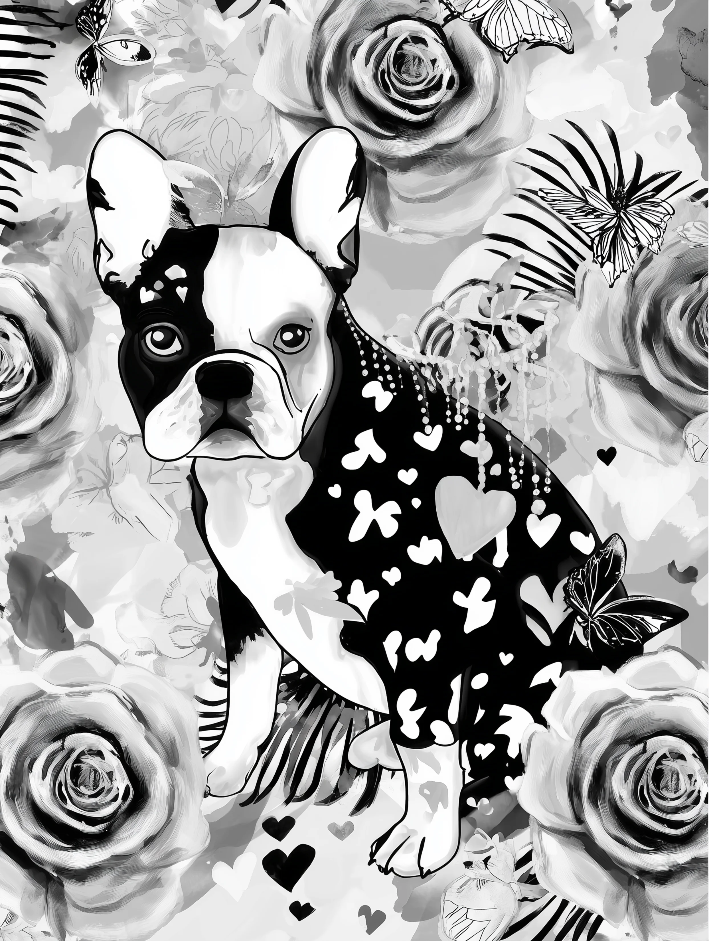Free printable french bulldog coloring page featuring roses and a black french bulldog